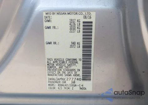 2016 Nissan Altima 2.5 Sr из США, поврежденный, VIN 1N4AL3AP9GC277740